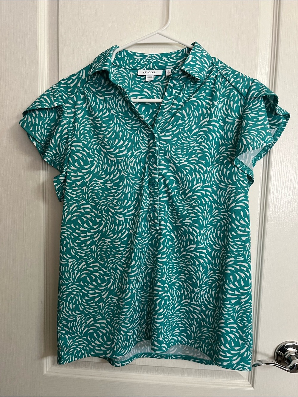 Chico's Teal Swirl Print Flutter Sleeve Blouse